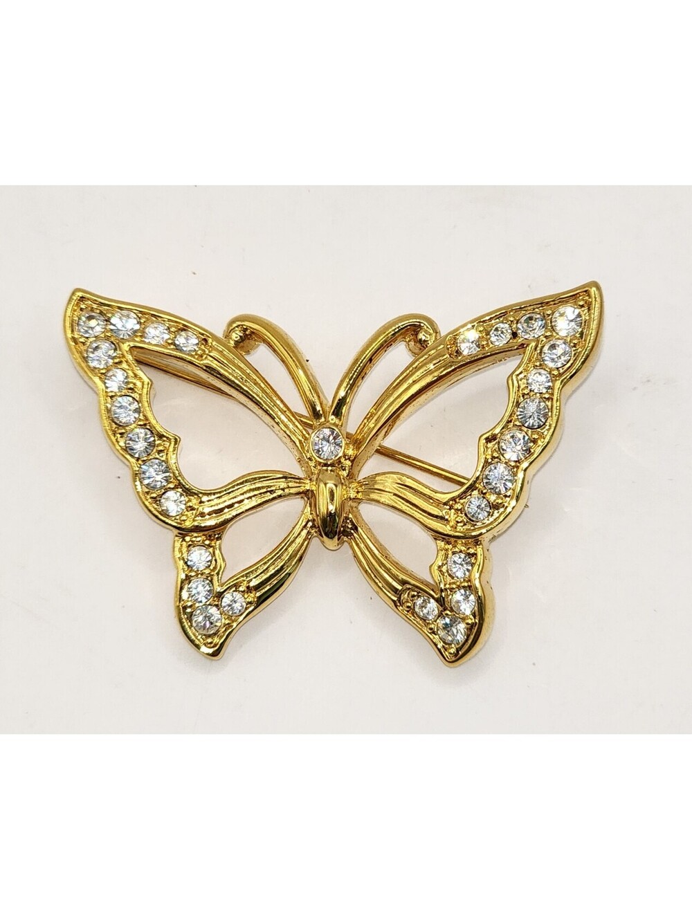 Monet Signed Butterfly Brooch Pin Silver Tone Clear Stones w/Box